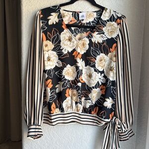 Cabi Womens S Blouse Enchant Black Floral Striped V-Neck Long Sleeve Side Tie